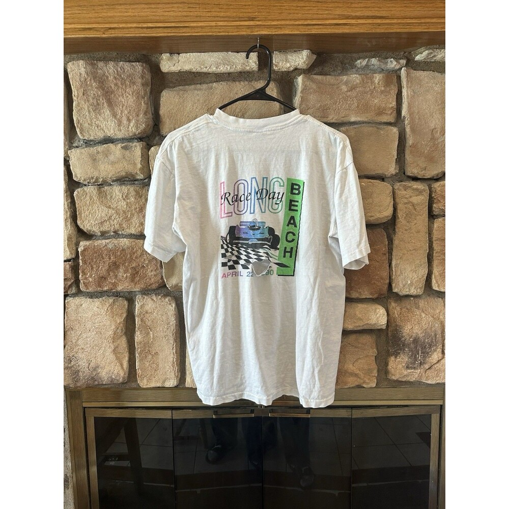 Vintage 1990 Long Beach CA Race Day Racing F1 T Shirt Distressed White XL SS Men